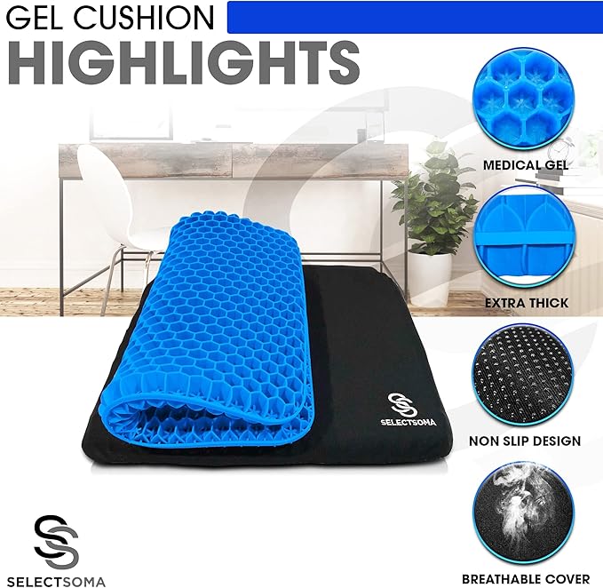 SelectSoma Double-Thick Gel Seat Cushion for Long Sitting Pressure Relief for Back, Sciatica, Coccyx, Tailbone Pain - Cushion for Office Chair, Wheelchair, Car & Truck, Patio Chairs - Egg Seat Pad