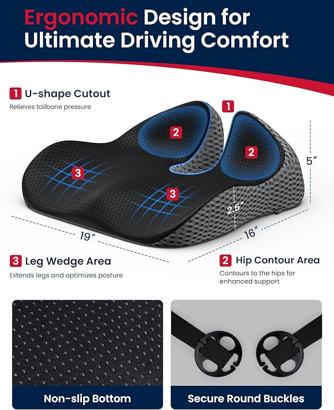 Gel Wedge Car Seat Cushion for Driving Relieves Tailbone Pain, Composite Gel Memory Foam for Cool & Support Comfort, Ergonomic Car Seat Pillow, Elevated Back for Wider Vision, Anti-Slip Design