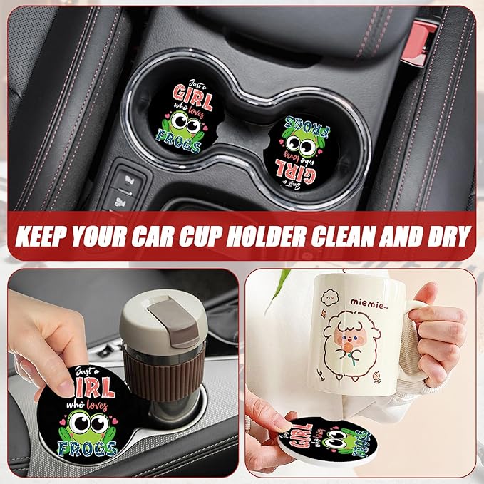 Frog Car Coasters for Cup Holders, Frog Lover Absorbent Ceramic Car Coaster Car Cup Holder Coaster Car Accessories for Women Men (2 Pack)