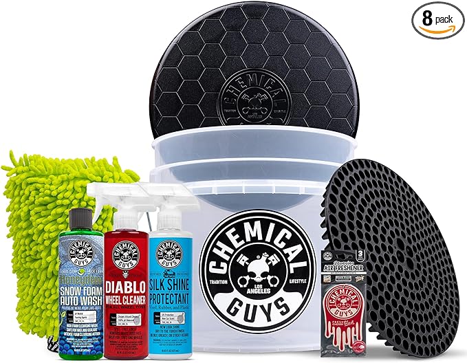 Chemical Guys HOL126L 8-Piece Arsenal Builder Car Wash Kit with Bucket, Dirt Trap, Lid, Wash Mitt, Air Fresheners and (3) 16 oz Car Care Cleaning Chemicals