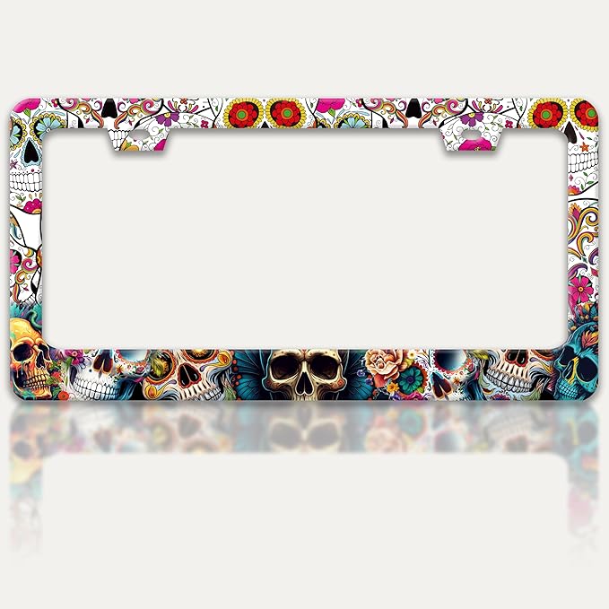 Sugar Skull License Plate Frame Skeleton Flowers License Plate Holders Funny Stainless Steel Auto Accessory Bracket 2 Hole with Screws Universal Us Car License Plate Frames 6x12 Inch for Women Men