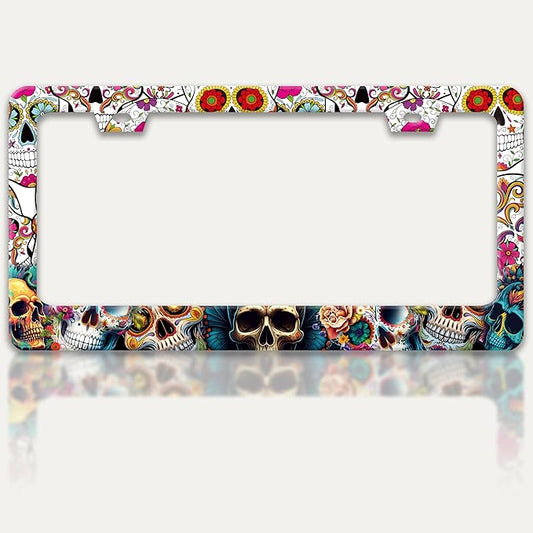 Sugar Skull License Plate Frame Skeleton Flowers License Plate Holders Funny Stainless Steel Auto Accessory Bracket 2 Hole with Screws Universal Us Car License Plate Frames 6x12 Inch for Women Men