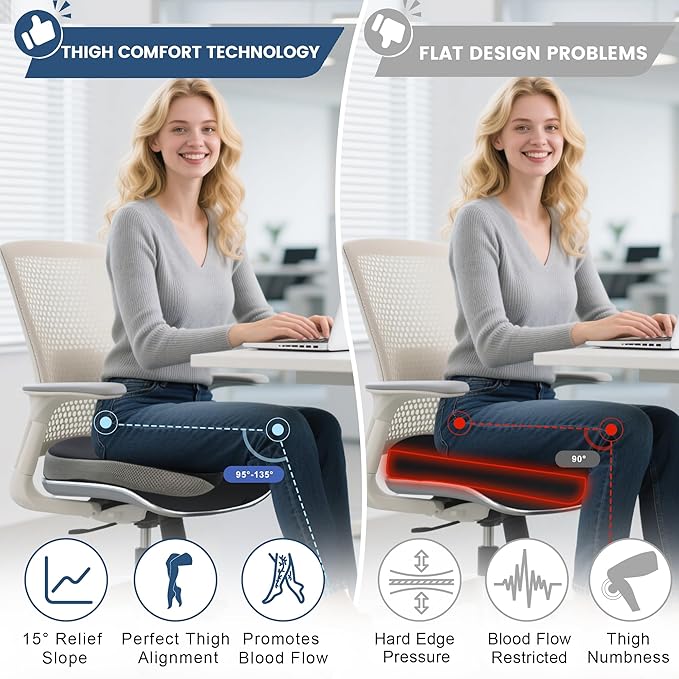 Wedge Seat Cushion for Car Truck Driver Office Chair, Memory Foam Seat Pillow with Non-Slip Bottom & Adjustable Strap for Sciatica Tailbone Pain Relief