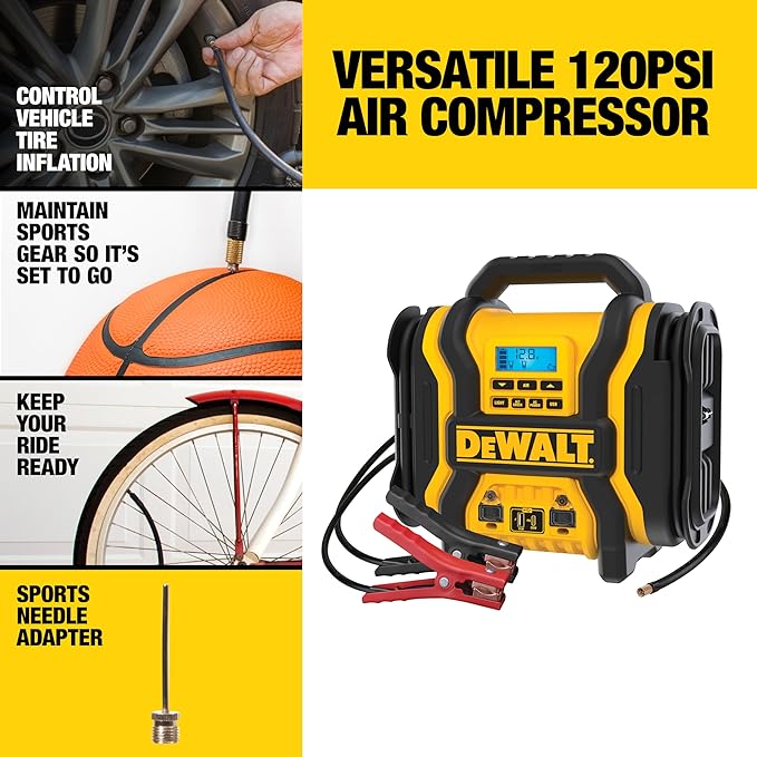 DEWALT DXAEPS14-Type2 2000 Peak Battery Amp 12V Automotive Battery Booster Jump Starter/Power Station with 120 PSI Compressor, 500W AC Power Inverter, and 15W USBa & 25W USB Ports