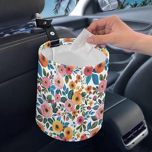 Daisy Rose Car Trash Can Foldable Rubbish Bin Basket Bag Hanging Cup Holder Organizer with Strap Mini Car Interior Accessories for Fit Most Cars, SUVs, Trucks