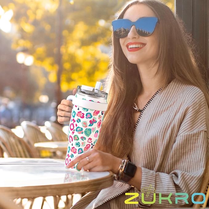 Zukro 50 oz Tumbler With Handle And Straw, Leak-proof Closable Flip Straw Lid, Insulated Stainless Steel Water Bottle for Hot & Cold Drinks, Large Travel Mug Fit in Cup Holder, Dishwasher Safe