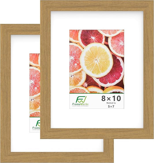 FrameWorks 2-Pack, 8x10 Matted to 5x7 Picture Frame, Golden Oak – Classic Wooden Photo Frame with Tempered Glass, Modern Matte Finish for Prints, Posters, Certificates & Wall Decor – Gallery-Ready