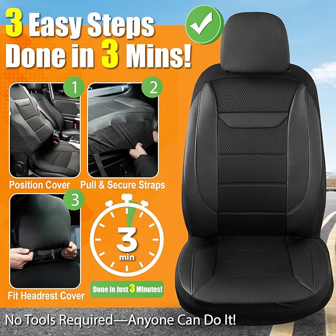 kingphenix 2 Pack Front Memory Foam Leather Car Seat Covers, Breathable 4D Mesh, Easy Install Automotive Seat Protectors, Airbag Compatible, Universal Fit for Cars, Trucks, Vans, SUV - Black