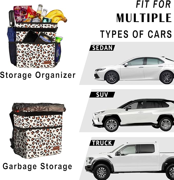 Cute Car Trash Can with Lid – Multipurpose Collapsible Trash Bin for Car, Leak-Proof Organizer, Waterproof Garbage Can with Storage Pockets & Adjustable Straps, 2 Gallons (Leopard Print)