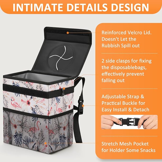 Cute Car Trash Can, Car Accessories for Women Interior Can Trash Bag Hanging Automotive Garbage Cans Pink Flamingo