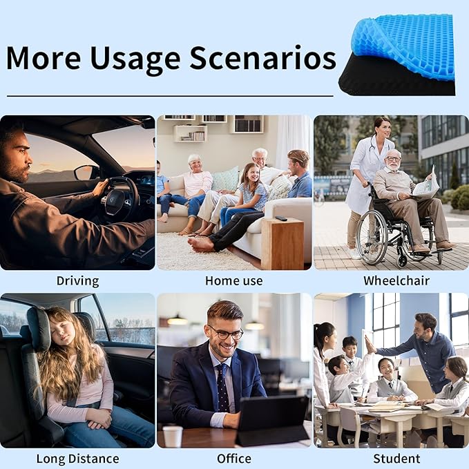 Ergonomic Gel Seat Cushion for Long Sitting, Tailbone and Coccyx Pain Relief, Office Chair Comfort, Wheelchair Pad, Chair Cushion for Back Support, Comfort Wheelchair Seat Cushions (Blue)