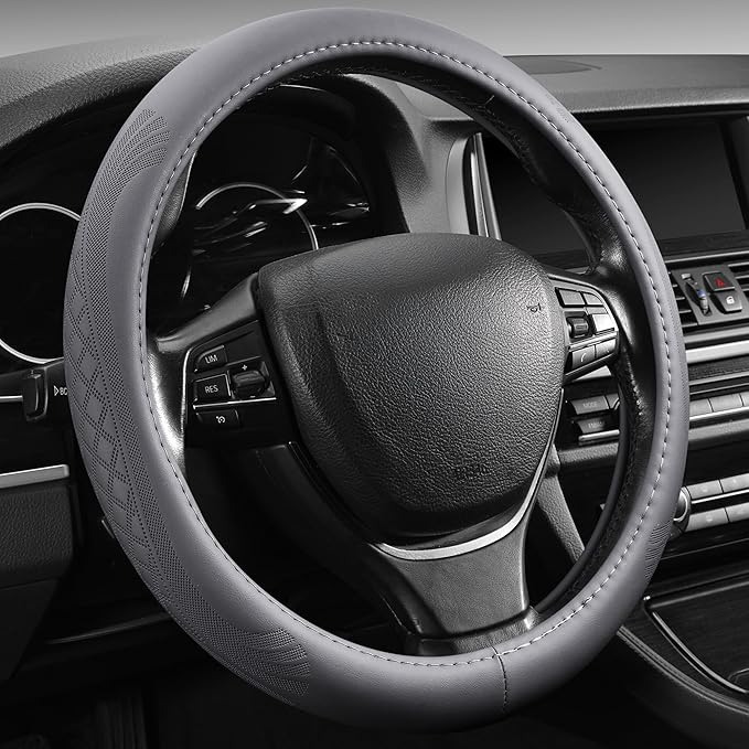 【2025 Model】 Premium Nappa Leather Car Steering Wheel Cover for Men Women, Non-Slip, Breathable, Universal 15 inches Steering Wheels, Grey