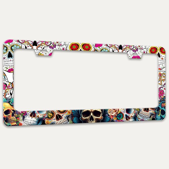 Sugar Skull License Plate Frame Skeleton Flowers License Plate Holders Funny Stainless Steel Auto Accessory Bracket 2 Hole with Screws Universal Us Car License Plate Frames 6x12 Inch for Women Men