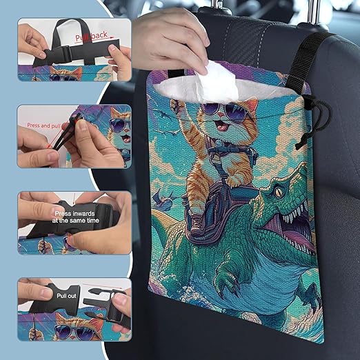 Funny Cat Riding Dinosaur Car Trash Bag,Cat Wear Sunglasses Holding Fork Strap Drawstring Car Garbage Bags,Car Back Seat Organizer with Adjustable Buckle for Car Accessories