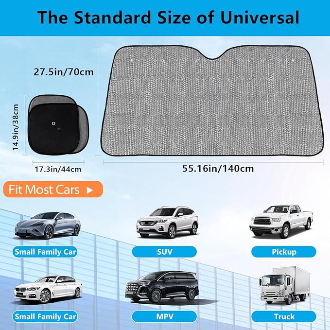 Big Hippo Windshield Sun Shade, Car Window Shade as Bonus Keep Vehicle Cool Windshield Sunshade Protect Your Car from Sun Heat & Glare Best UV Ray Visor Protector -Silver/Black (Size: 55.16X 27.5inch)