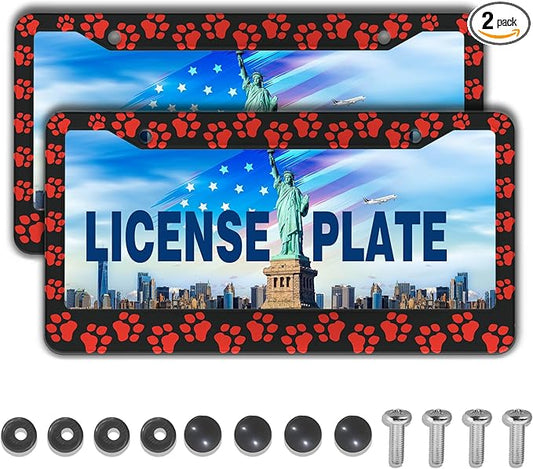 Custom License Plate Frame Black and Red License Plate Frames Animal Dog Paw Aluminum Metal Car Accessory 2 Pack with Screw Covers Set