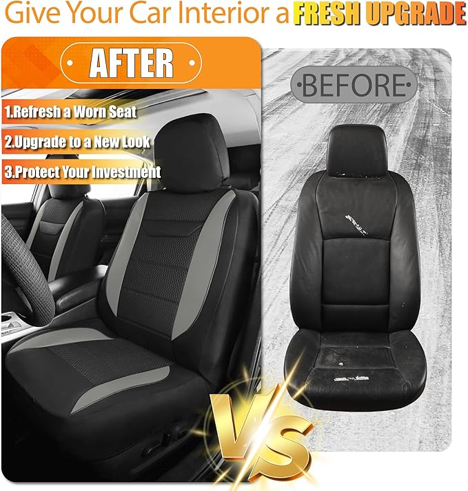 kingphenix 2PCs Memory Foam Leather Car Seat Covers, Breathable 4D Mesh, Easy Install Automotive Seat Protectors, Airbag Compatible, Universal Fit for Cars, Trucks, Vans, SUV - Gray