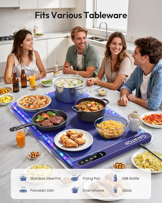 Gaiatop Food Warmers for Parties Buffet with Trivet, RGB Edge, Electric Warming Mat for Countertop, 6 Temp Level 122℉-212℉, 6 Timer Settings, Full-Surface Fast Heating, Portable Silicone Food Warmer