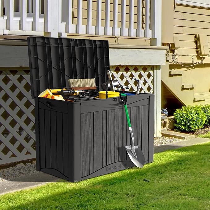TARKARI 50 Gallon Lockable Resin Deck Box, Waterproof & UV-Resistant Outdoor Storage Box for Outdoor Cushion Storage, Garden Tools & Pool Accessories Storage, Black