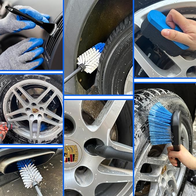 Car Wheel Brush Kit, Soft Drill Wheel Cleaner Brush, Tire Brush, Detailing Brush, and Detailing Pads, No Scratches Car Wheel Cleaning Kit for Wheels, Tires, Rims, Engines, Exhaust(Blue+White, 6 Pack)