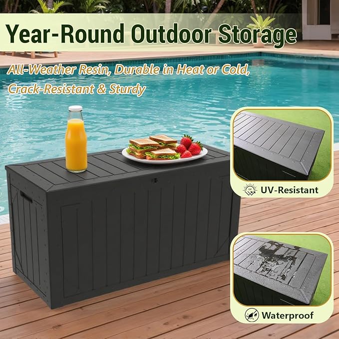 100 Gallon Outdoor Storage Box Waterproof Lockable Resin Deck Box Large, Patio Storage Bin for Pool Accessories Cushion Furniture, Garden Tools, UV-Resistant Outside Delivery Black