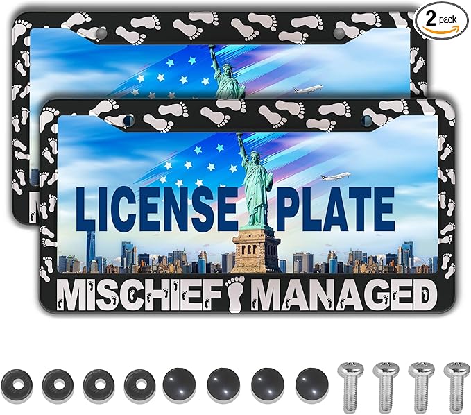Automotive Exterior Accessories Black and White License Plate Frames Mischief Managed Universal Aluminum Car Accessory 2 Pack with Screw Covers Set