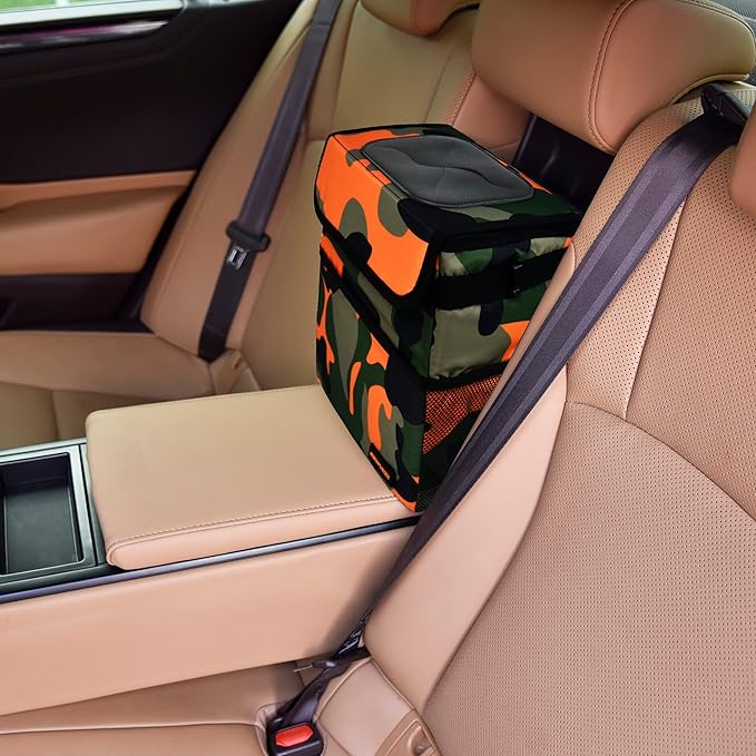 Cute Car Trash Can with Lid – Multipurpose Collapsible Trash Bin for Car, Leak-Proof Organizer, Waterproof Garbage Can with Storage Pockets & Adjustable Straps, 2 Gallons (Camo Orange)
