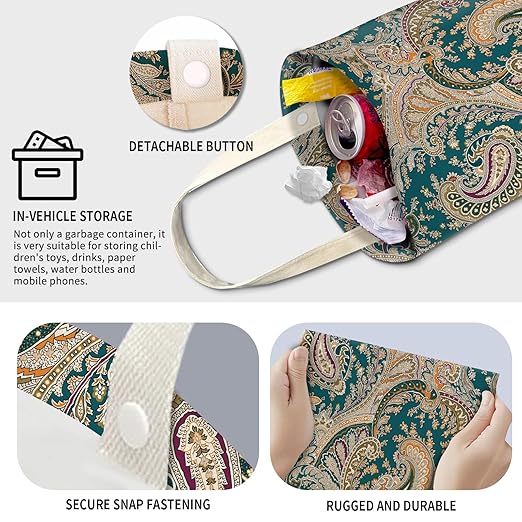 Cute Car Trash Can, Hanging Canvas Car Back Seat Organizer and Storage Bag, Funny Car Trash Bag For Travelling, Outdoor Luxury Boho Paisley Flower