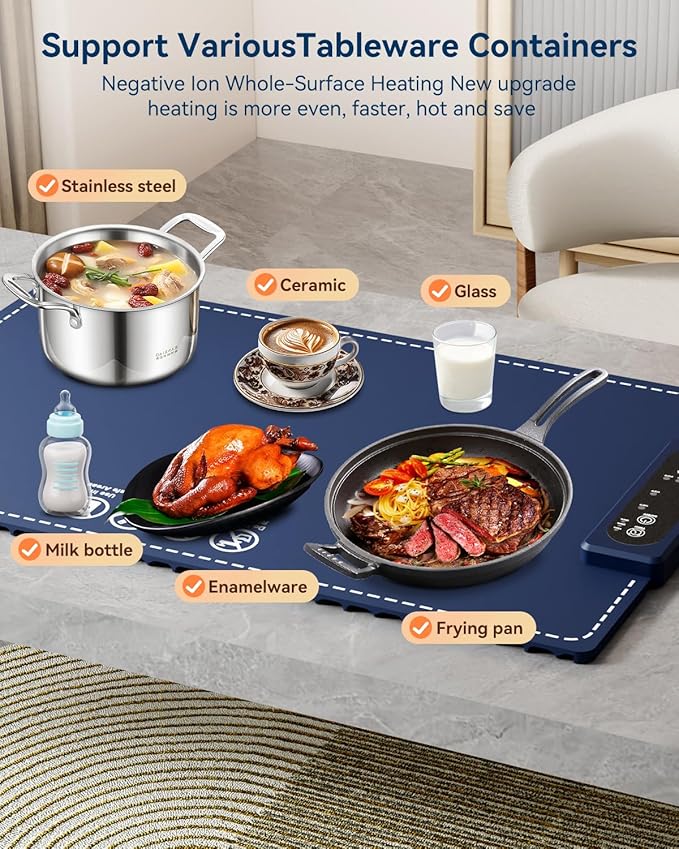 Negative ion Food Warming Mat with Adjustable Temperature,Foldable Electric Warming Tray for Parties Features 3 Modes & Fast Heating,Roll Up Food Warmer for Parties,Shabbat,Christmas (Navy Blue)