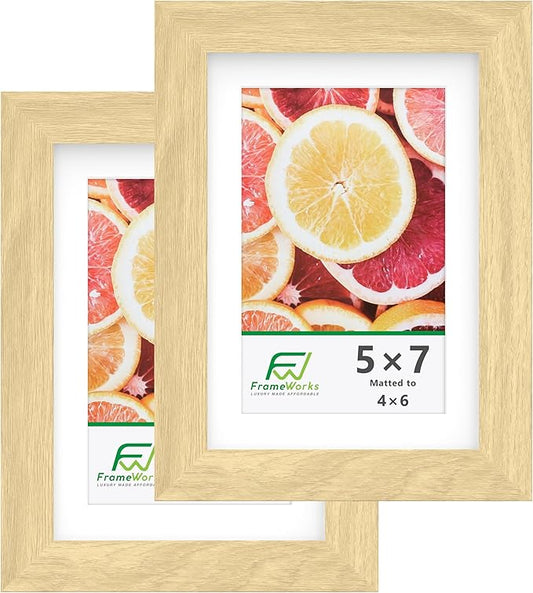 FrameWorks 2-Pack, 5x7 Matted to 4x6 Picture Frame, Natural Oak – Classic Wooden Photo Frame with Tempered Glass, Modern Matte Finish for Prints, Posters, Certificates & Wall Decor – Gallery-Ready
