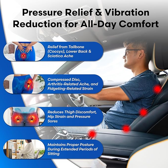 Travel Seat Cushion with LiquiCell Technology – Thin Orthopedic Butt Pillow for Sciatica, Tailbone, Coccyx & Back Pain – Seat Pad for Car Driving, Truck, Wheelchair, Airplane, Office, Home Use