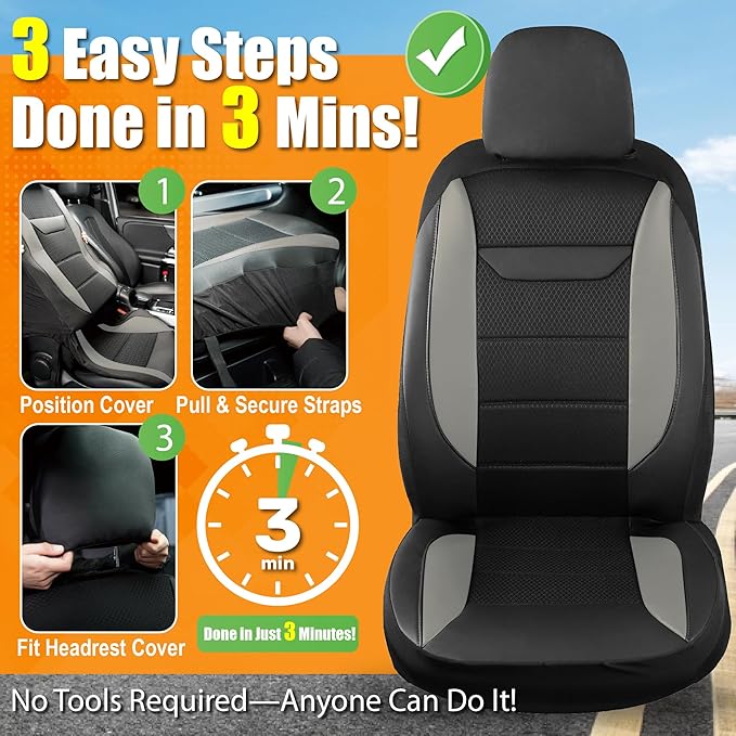 kingphenix 2PCs Memory Foam Leather Car Seat Covers, Breathable 4D Mesh, Easy Install Automotive Seat Protectors, Airbag Compatible, Universal Fit for Cars, Trucks, Vans, SUV - Gray