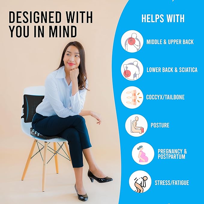 Memory Foam Seat Cushion & Lumbar Support Pillow Set w/Mesh & Velvet Covers - for Office Chair, Car, Plane, Travel - Back Rest Coccyx Pillow for Lower Back, Sciatica, Posture