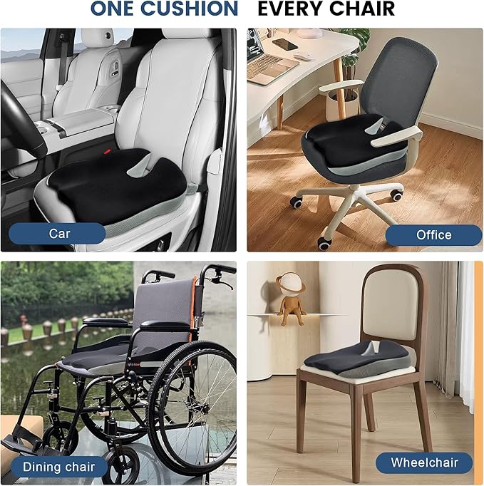 Wedge Seat Cushion for Car Truck Driver Office Chair, Memory Foam Seat Pillow with Non-Slip Bottom & Adjustable Strap for Sciatica Tailbone Pain Relief
