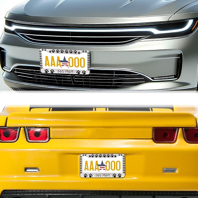 Fun License Plate Frame Cover Black and White License Plate Frames Dog Mom Dog Lover Aluminum Metal Car Accessory 2 Pack with Screw Covers Set