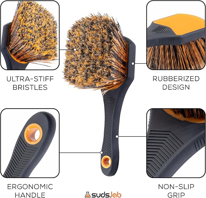Suds Lab Wheel Spoke Brush Rubberized Handle Soft Bristle Car Detailing Wheel Brush, Rim, Wheel, Dust Cleaner Brush