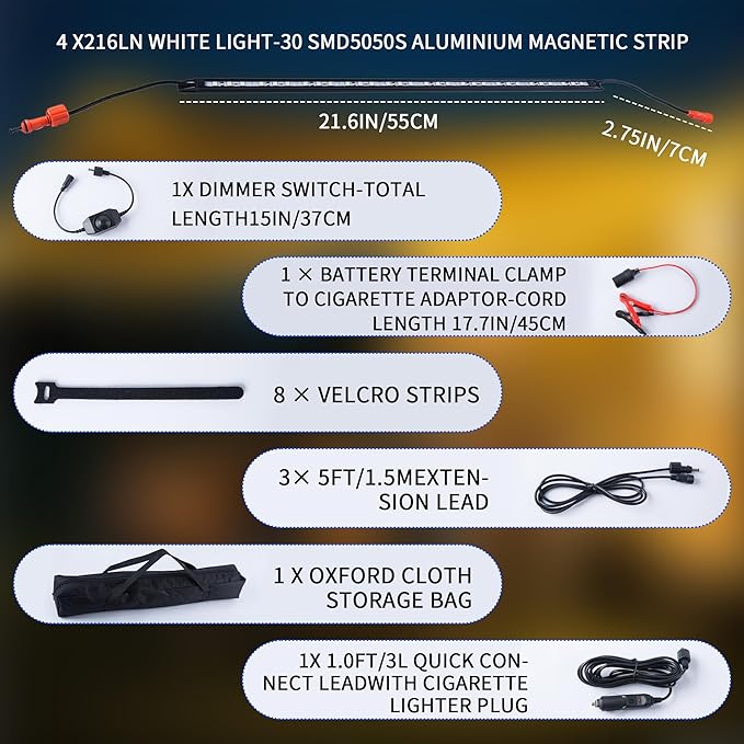 12V LED Interior Light Bar Kit, 4 Bars White Adjustable Brightness RV Camping Lights - Waterproof IP67, Magnetic & Velcro Mount, Portable Lighting for Tent, Car, Trailer, Boat, Truck, Off-Road, Cabin