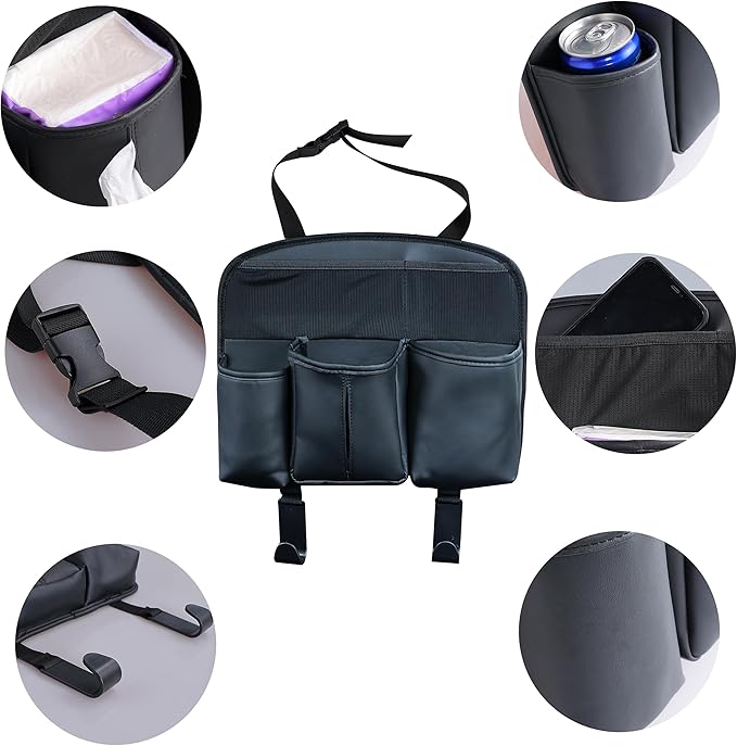 Amooca Car Backseat Organizer PU Leather Storage Bags Travel Accessories Large Pockets for Water Bottle Drink Tissue with Hooks