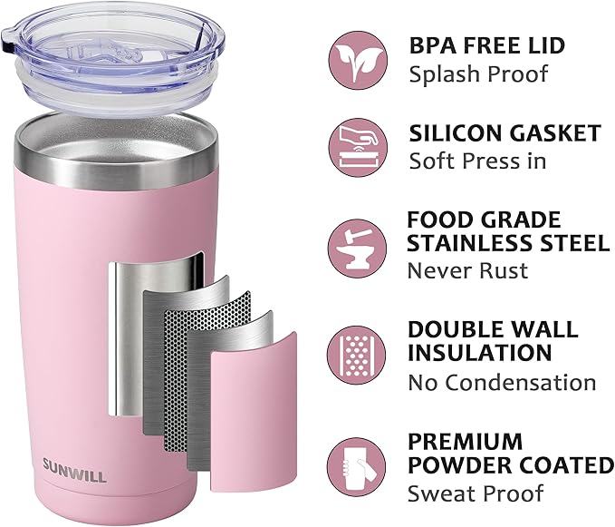 SUNWILL Travel Coffee Tumbler 20 oz, Insulated Mug with Lid, Stainless Steel Cup for Hot and Cold Drinks, Powder Coated Sakura