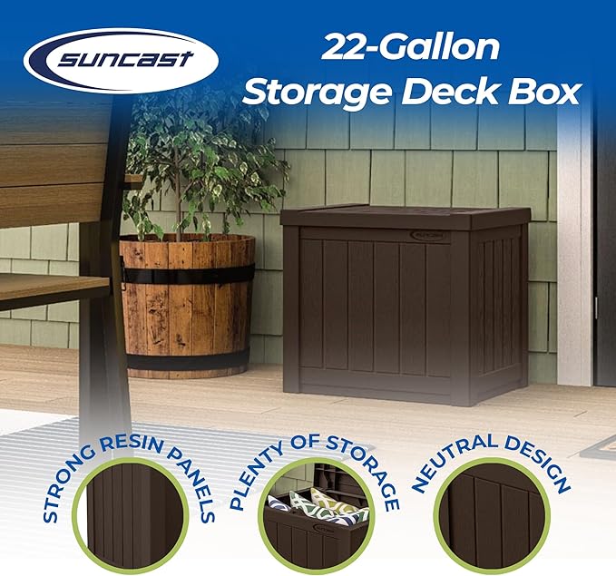 Suncast Small Outdoor Storage Box - 22 Gallon Java Resin Outdoor Deck Box, Flat-Lid Bench Seating, Patio Storage Bin Container for Organizing Tools, Cushions for Porch, Deck, Pool, & Garden