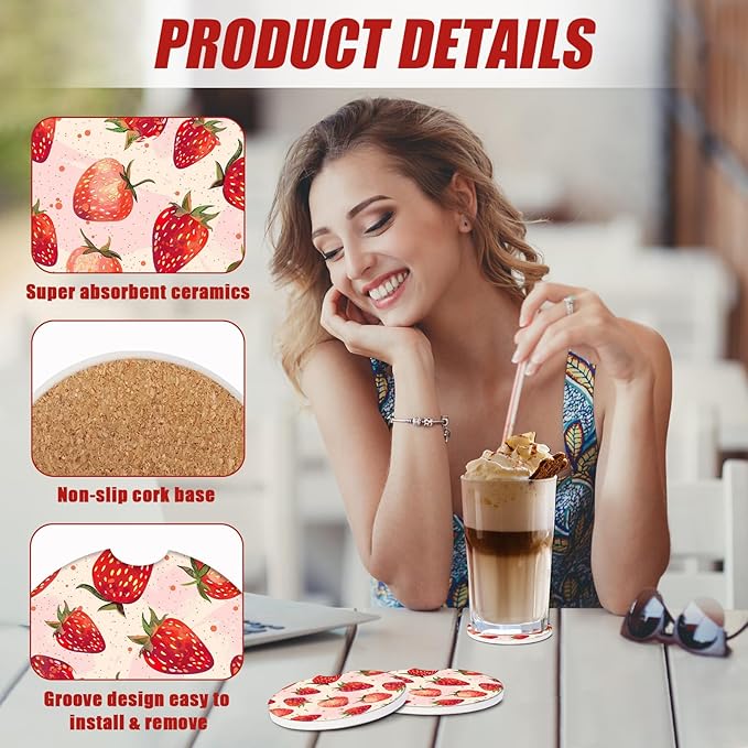 Cute Strawberry Car Coasters for Cup Holders, Absorbent Ceramic Car Coaster Car Cup Holder Coaster Car Accessories for Women Men (2 Pack)