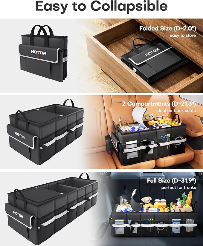 HOTOR Trunk Organizer - Car Organizer with Built-In Leakproof Car Cooler, Collapsible Trunk Organizer with Cooler for SUV, Sedan, with Base Panel (3 Compartments, Black),31.9"×12.6"×10.6"