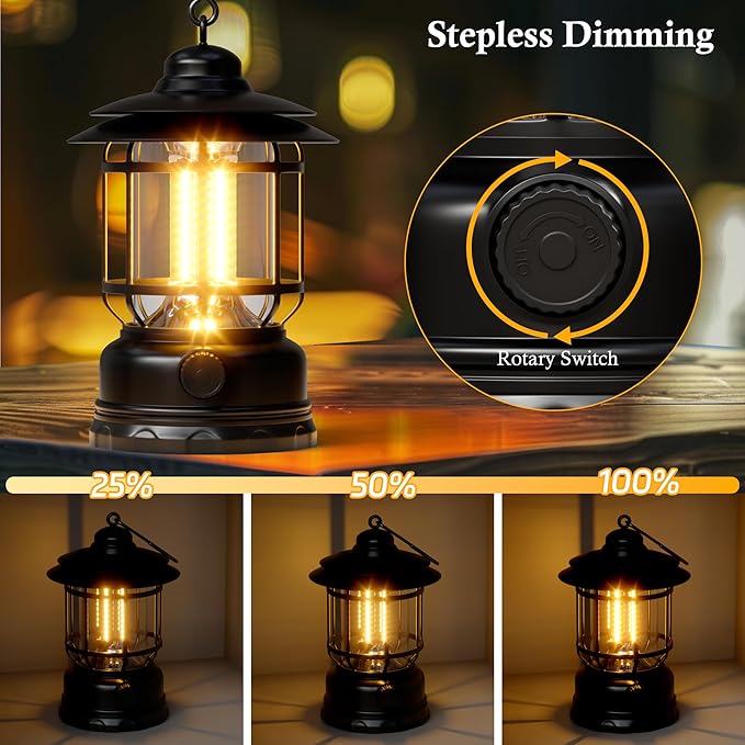 Retor LED Camping Lanterns Black 3 Pack 1500 LM Step-Less Dimming, Lightweight Battery Powered USB Rechargeable Flashlight Survival Kits Indoor Outdoor Home Camping Emergency Outages Hiking Light