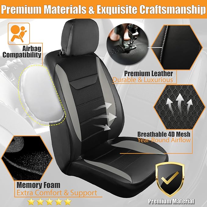 kingphenix 2PCs Memory Foam Leather Car Seat Covers, Breathable 4D Mesh, Easy Install Automotive Seat Protectors, Airbag Compatible, Universal Fit for Cars, Trucks, Vans, SUV - Gray