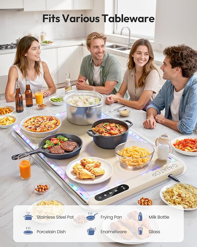 Gaiatop Food Warmers for Parties Buffet with RGB Edge, Electric Warming Mat for Countertop, 6 Temp Level 122℉-212℉, 6 Timer Settings, Full-Surface Fast Heating, Portable Silicone Food Warmer, Cream
