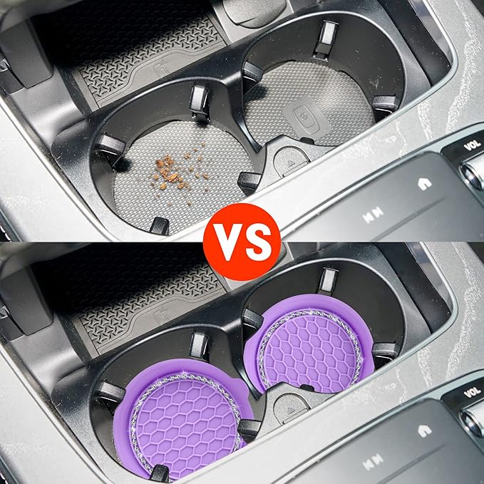 Amooca Car Cup Coaster Universal Non-Slip Cup Holders Bling Crystal Rhinestone Car Interior Accessories 4 Pack Purple