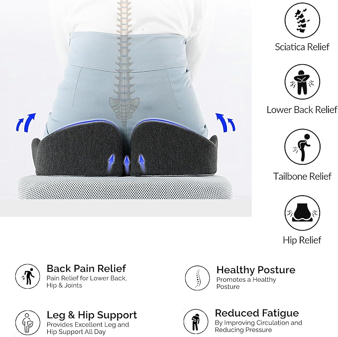 Memory Foam Seat Cushion for Office Chair Car, Home, Desk, Wheelchair Use, Ergonomic Chair Pad Portable Coccyx Cushion for Long Sitting, Tailbone & Sciatica Pain Relief (Black & Gray)