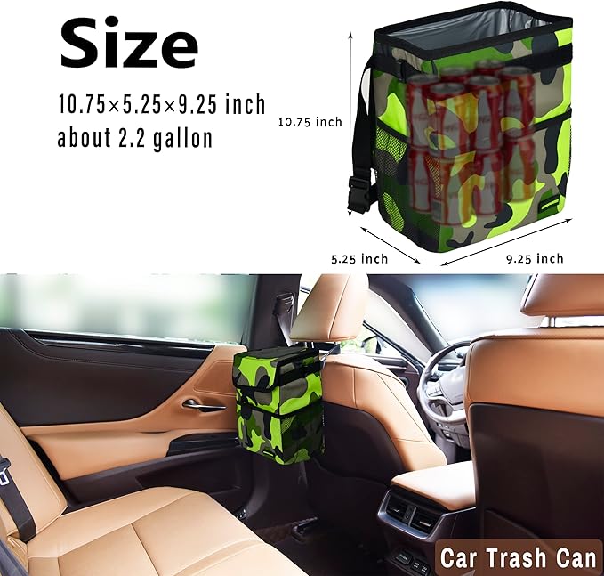 Cute Car Trash Can with Lid – Multipurpose Collapsible Trash Bin for Car, Leak-Proof Organizer, Waterproof Garbage Can with Storage Pockets & Adjustable Straps, 2 Gallons (Camo Green)