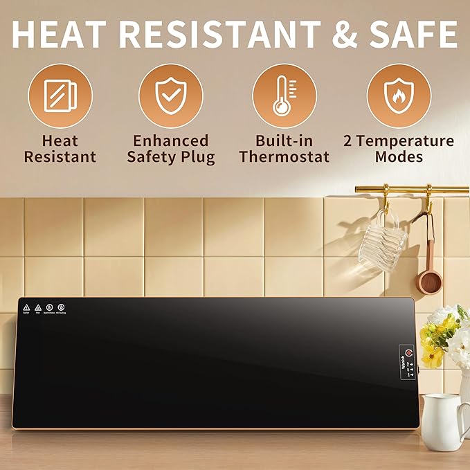 Electric Warming Tray (Extra Long 47”x12”),Food Warmers for Parties Buffet with Thermostat&Full Surface Heating, Tempered Glass Warming Mat for Food, Temperature Adjustable Gold Edges Food Warming Mat