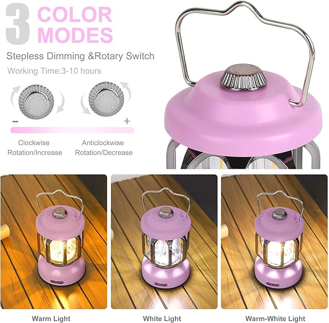 Rechargeable LED Camping Lanterns, Vintage Camping Lights Battery Operated, Portable Retro Metal Glamping Lights for Hiking, Hurricane, Decoration, Power outages, Pink, 2 Pack